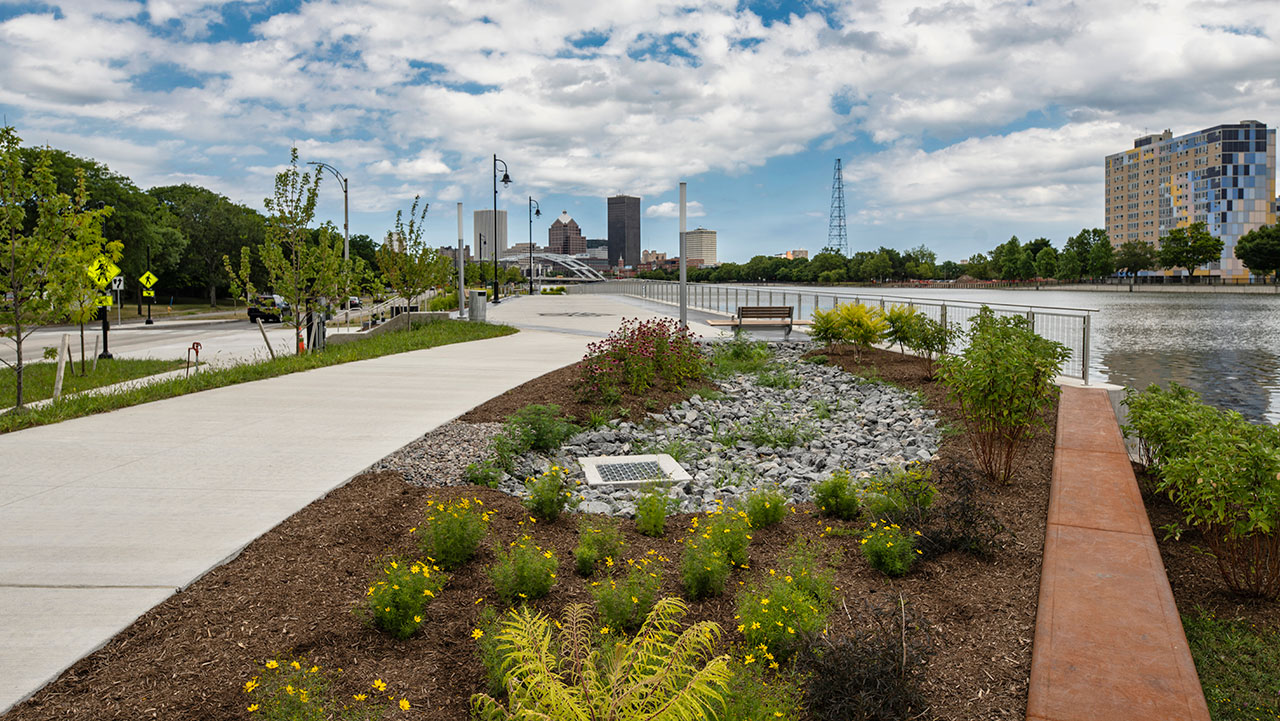 City of Rochester West River Wall sidewalk and landscape architecture