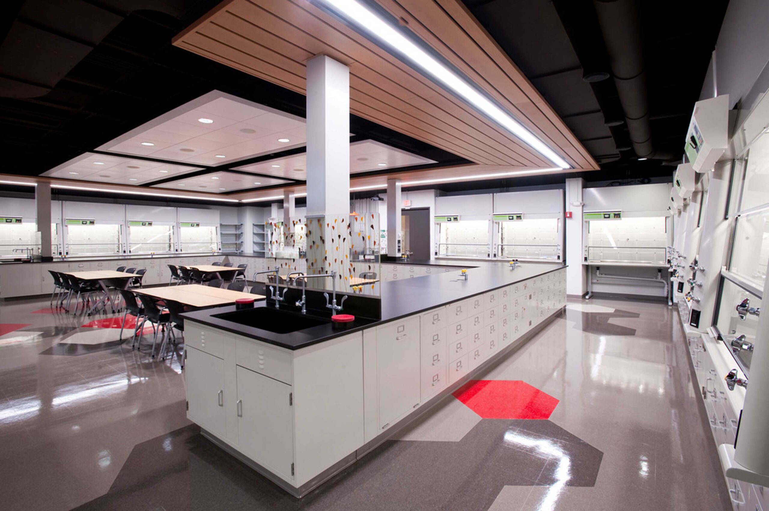 Modernized lab space with desks and working stations for testing and experiments.