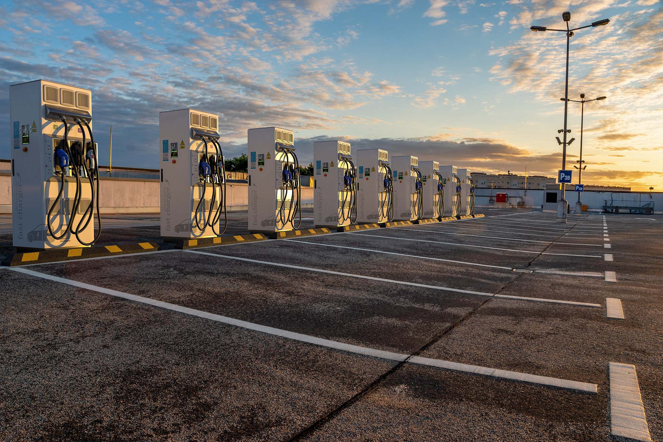 Rows of EV charging stations