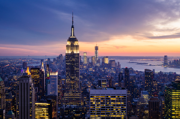 New York City with skyscrapers at sunset