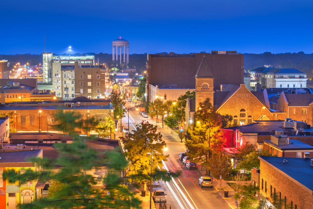 Columbia, Missouri, USA downtown city skyline at twilight.