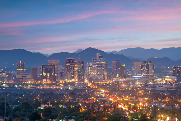 Phoenix city downtown skyline cityscape of Arizona in USA at sunset